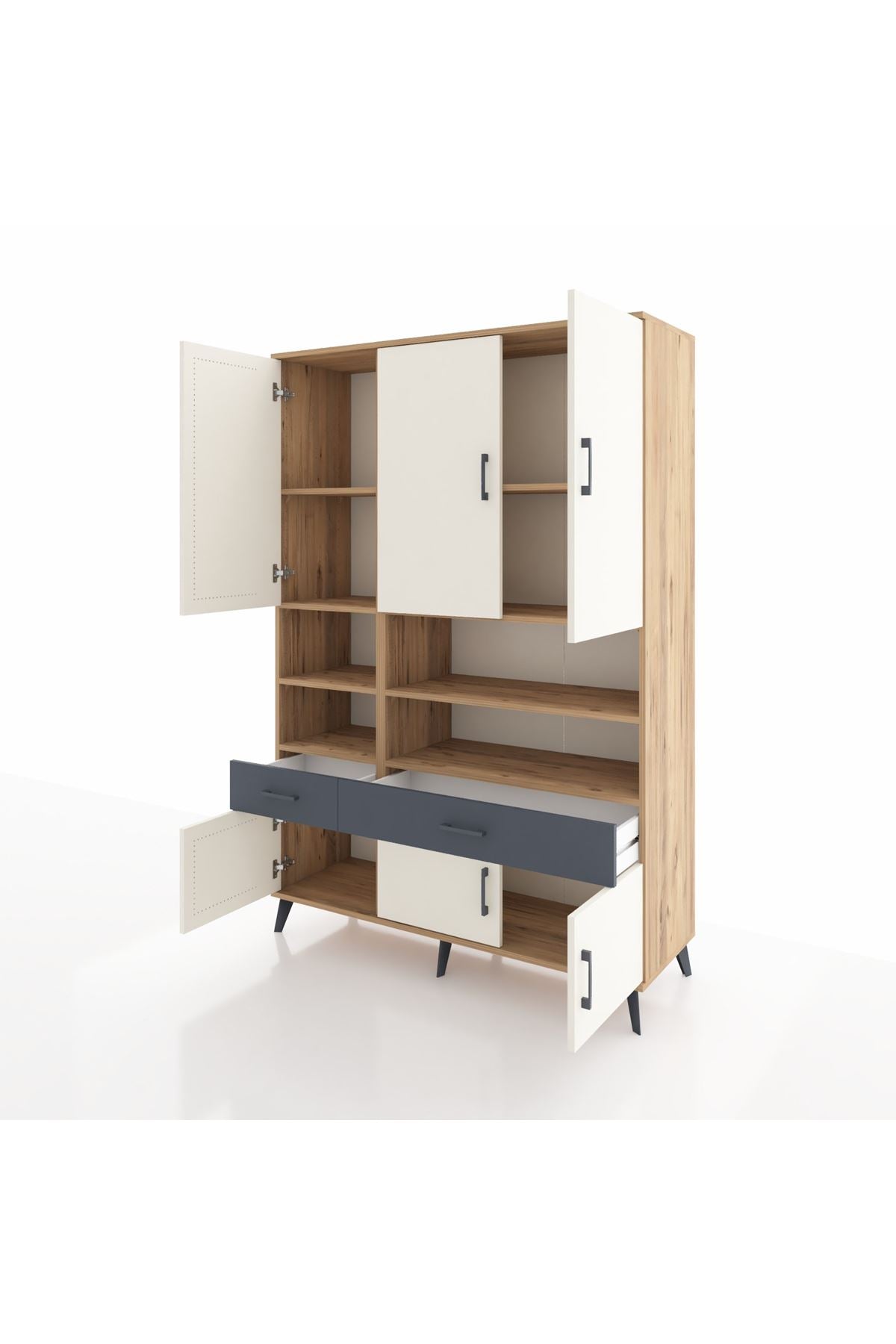 Hyperion Dolap 8 Raflı 2 Çekmeceli 6 Kapaklı 132x44x195 Çam-Aytaşı/Antrasit