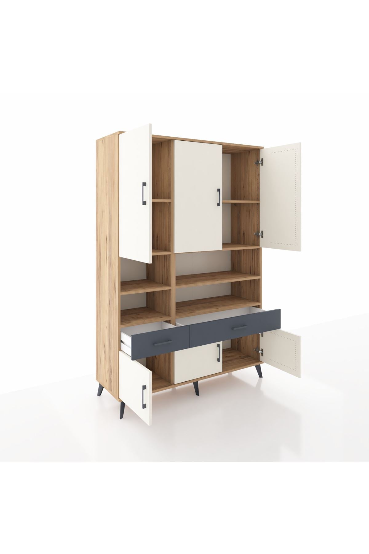 Hyperion Dolap 8 Raflı 2 Çekmeceli 6 Kapaklı 132x44x195 Çam-Aytaşı/Antrasit