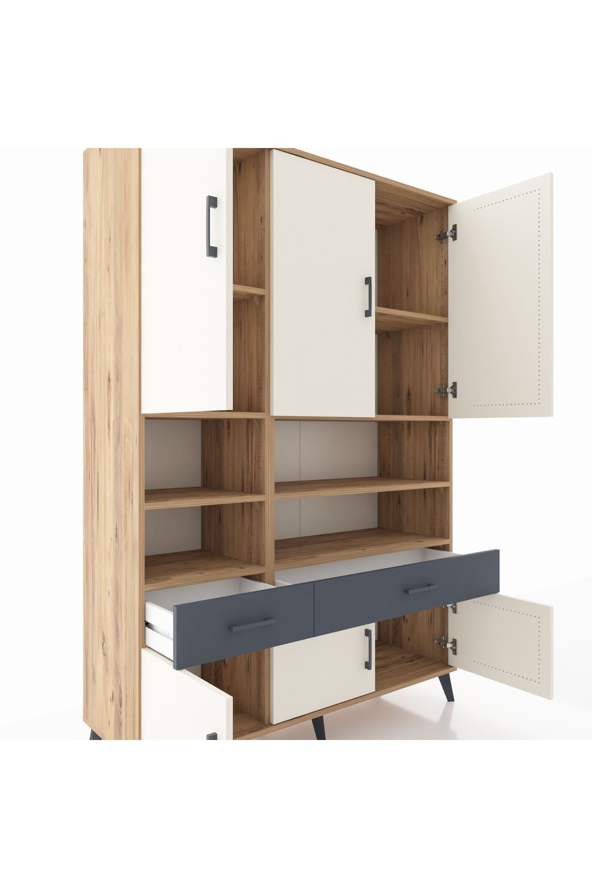 Hyperion Dolap 8 Raflı 2 Çekmeceli 6 Kapaklı 132x44x195 Çam-Aytaşı/Antrasit