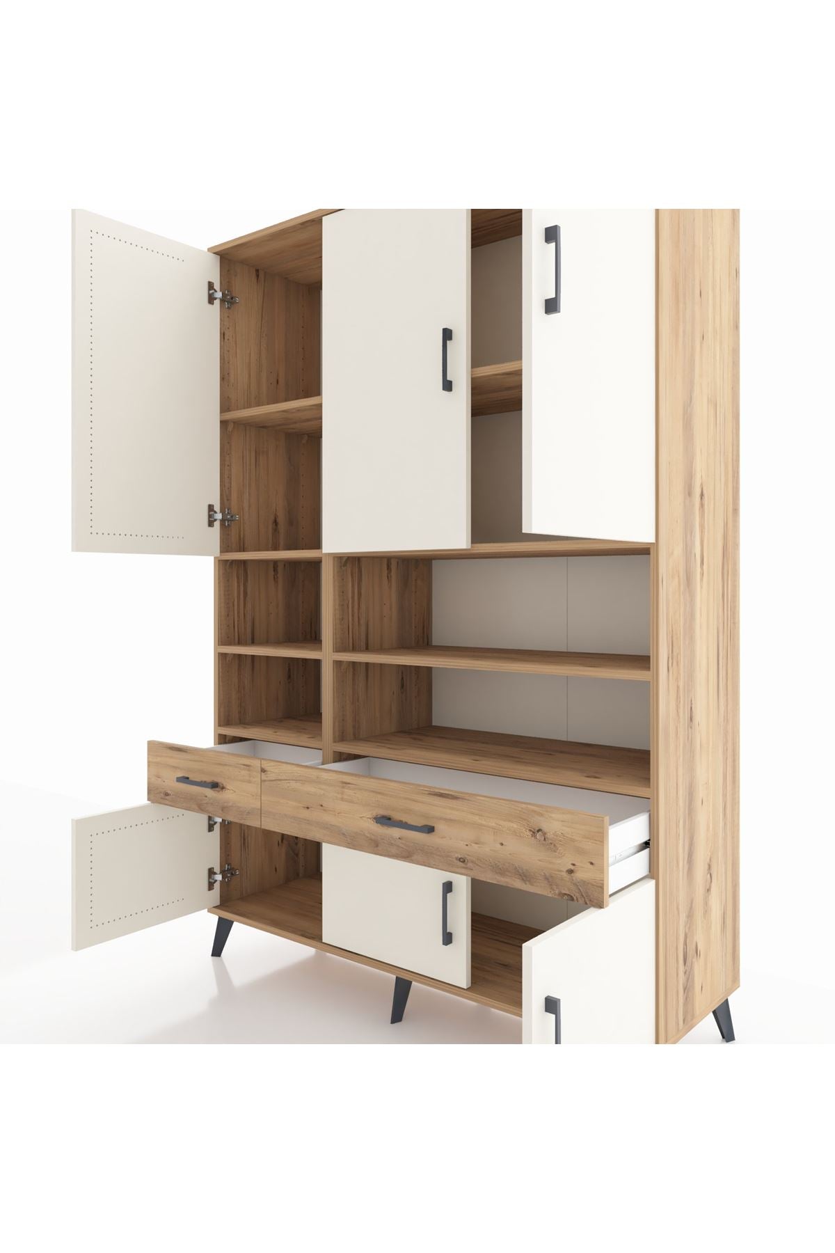 Hyperion Dolap 8 Raflı 2 Çekmeceli 6 Kapaklı 132x44x195 Çam-Aytaşı/Çam