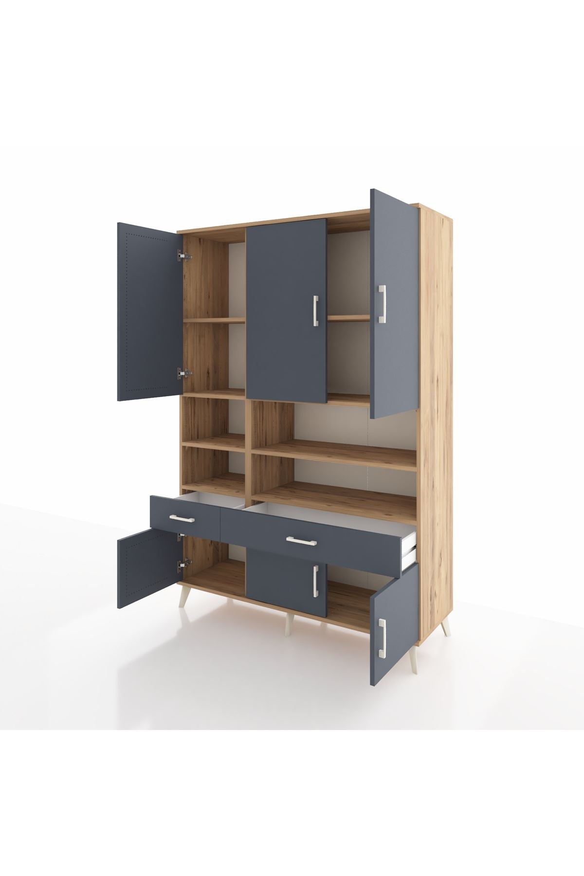 Hyperion Dolap 8 Raflı 2 Çekmeceli 6 Kapaklı 132x44x195 Çam-Antrasit/Antrasit