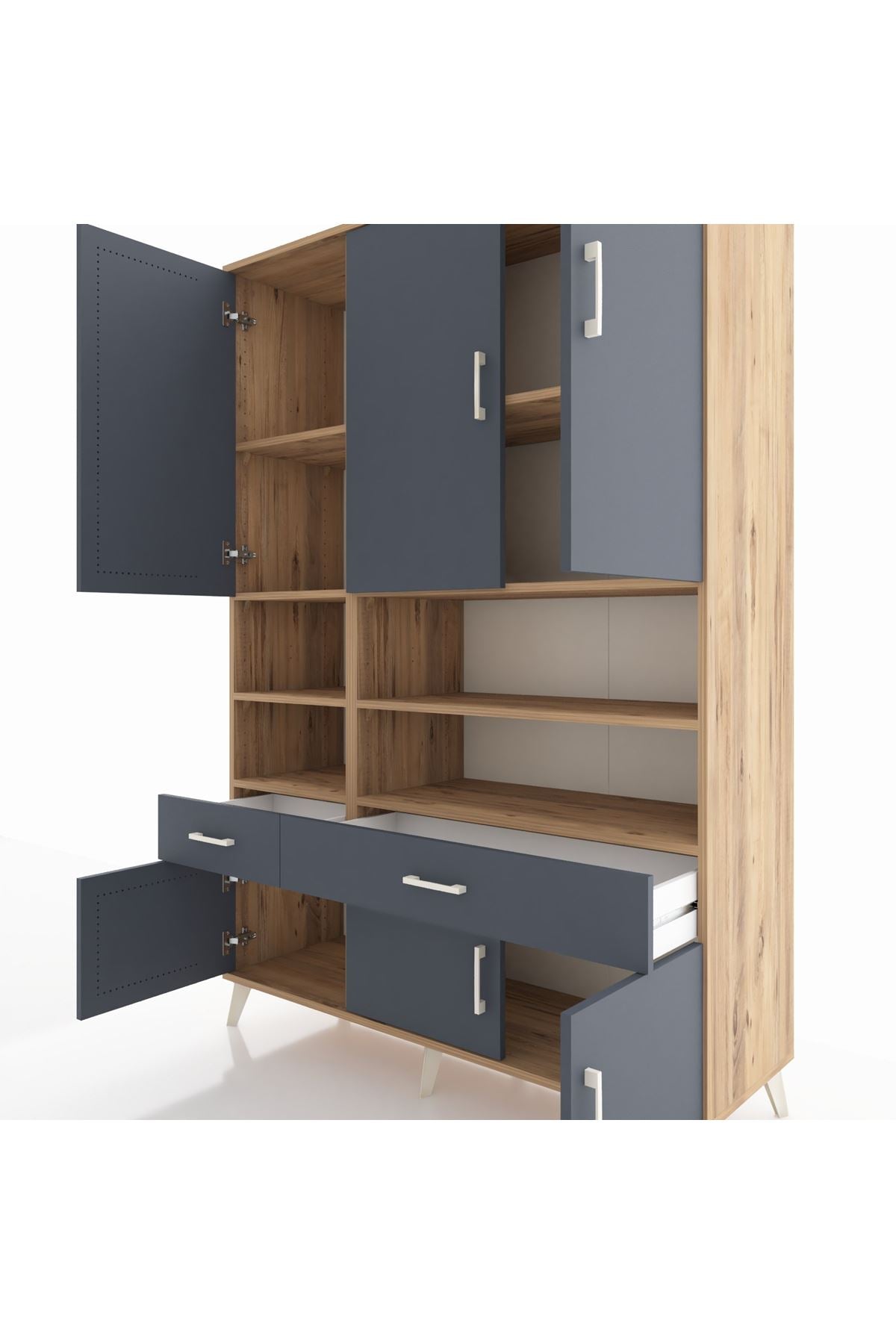 Hyperion Dolap 8 Raflı 2 Çekmeceli 6 Kapaklı 132x44x195 Çam-Antrasit/Antrasit