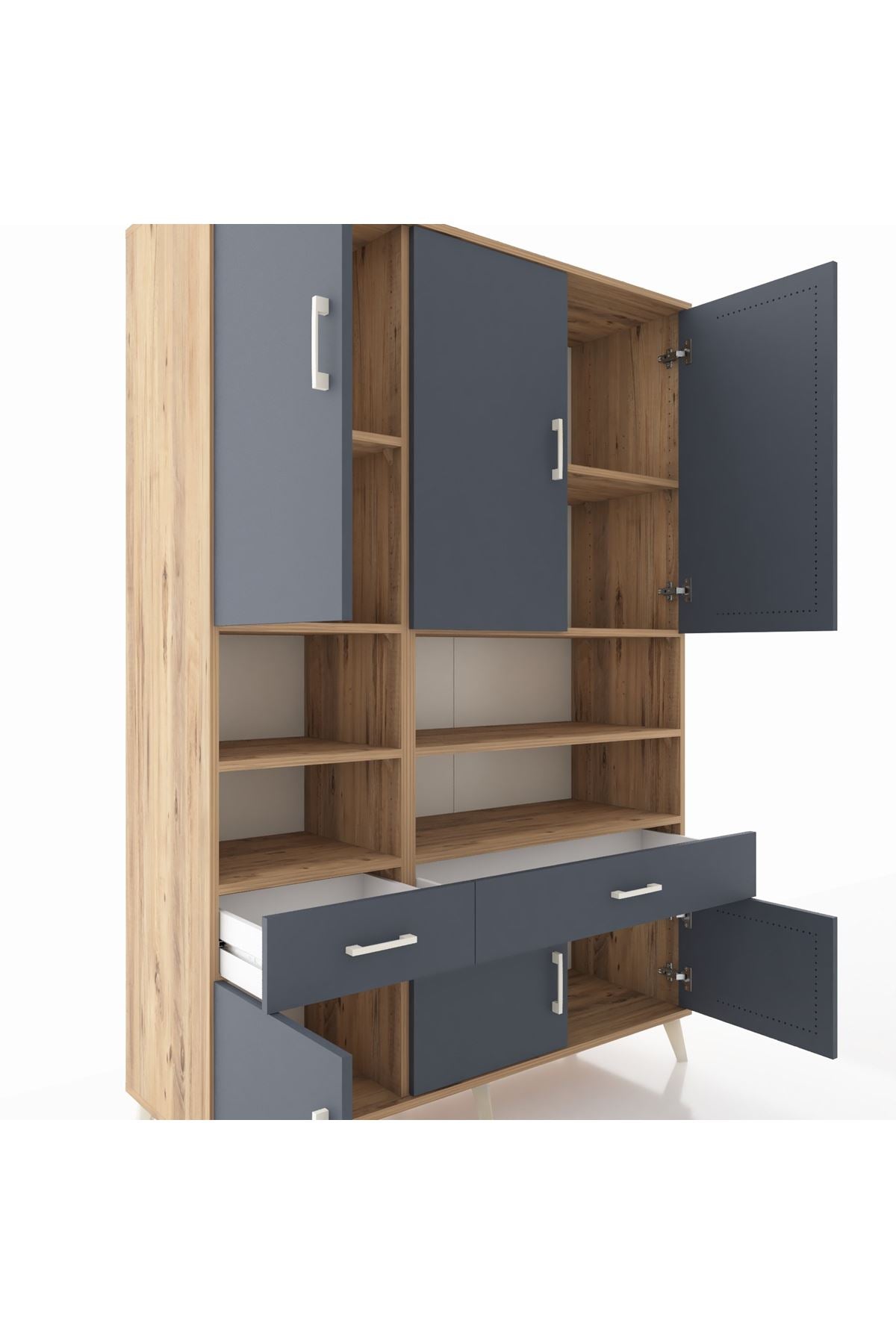 Hyperion Dolap 8 Raflı 2 Çekmeceli 6 Kapaklı 132x44x195 Çam-Antrasit/Antrasit