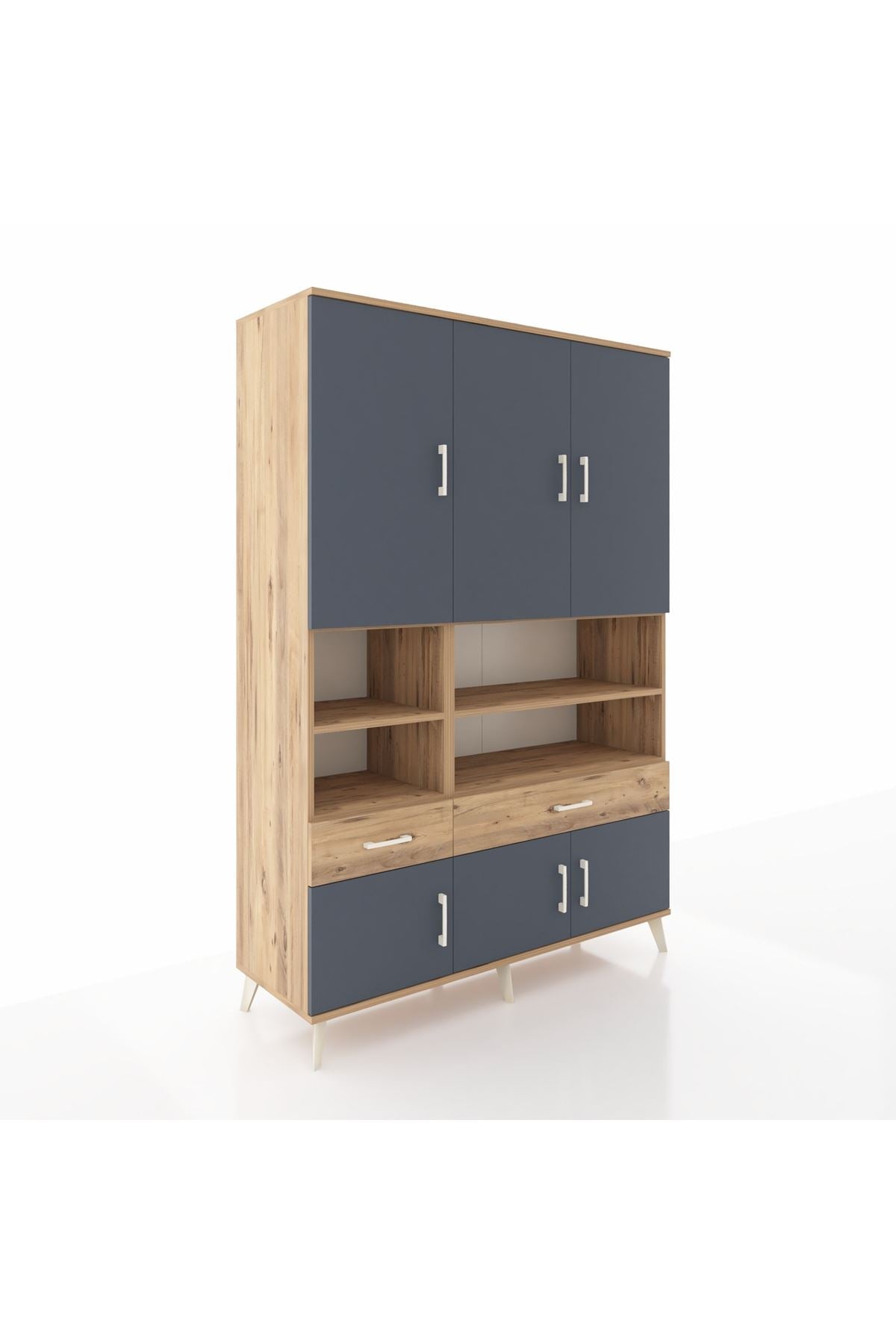 Hyperion Dolap 8 Raflı 2 Çekmeceli 6 Kapaklı 132x44x195 Çam-Antrasit/Çam