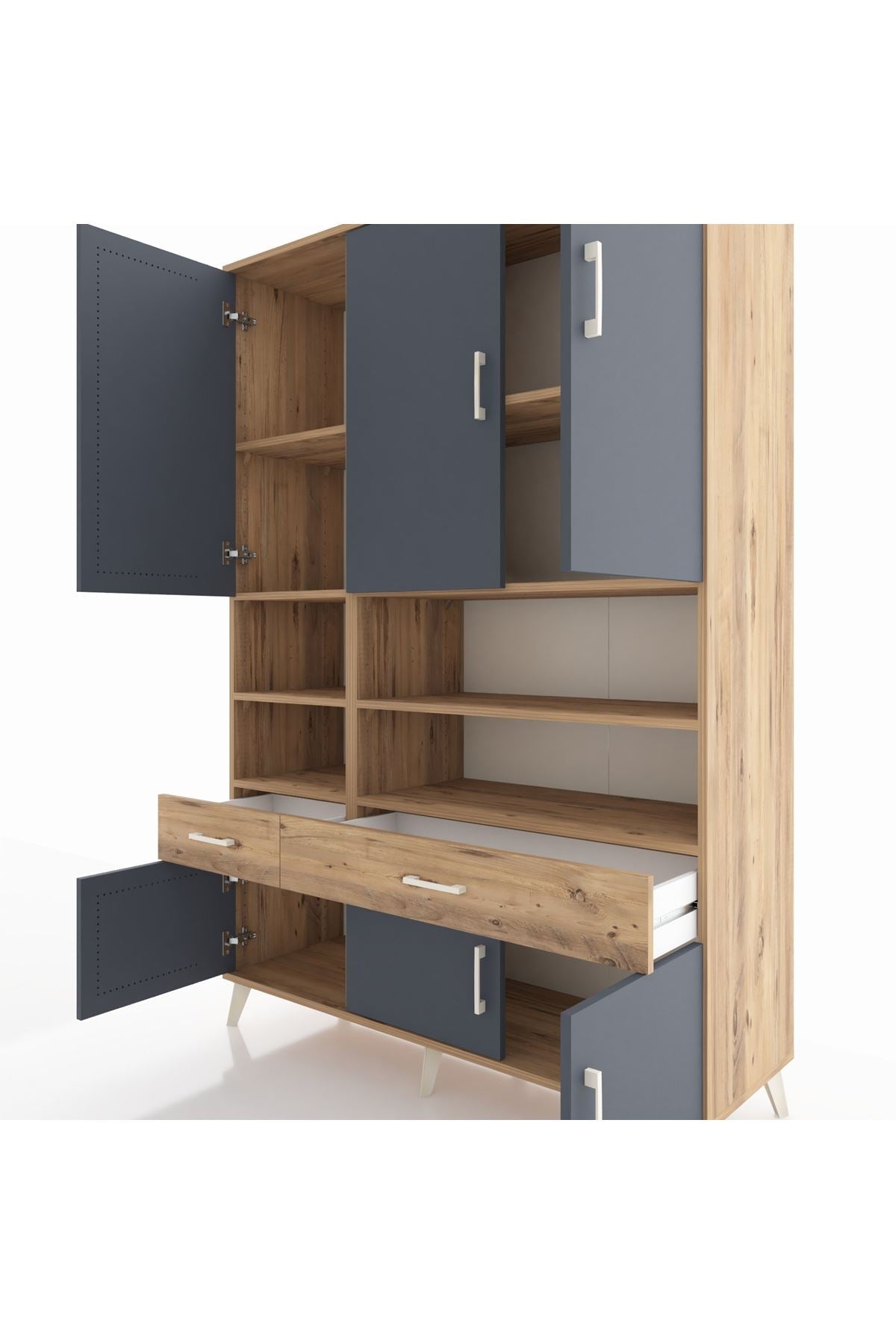 Hyperion Dolap 8 Raflı 2 Çekmeceli 6 Kapaklı 132x44x195 Çam-Antrasit/Çam