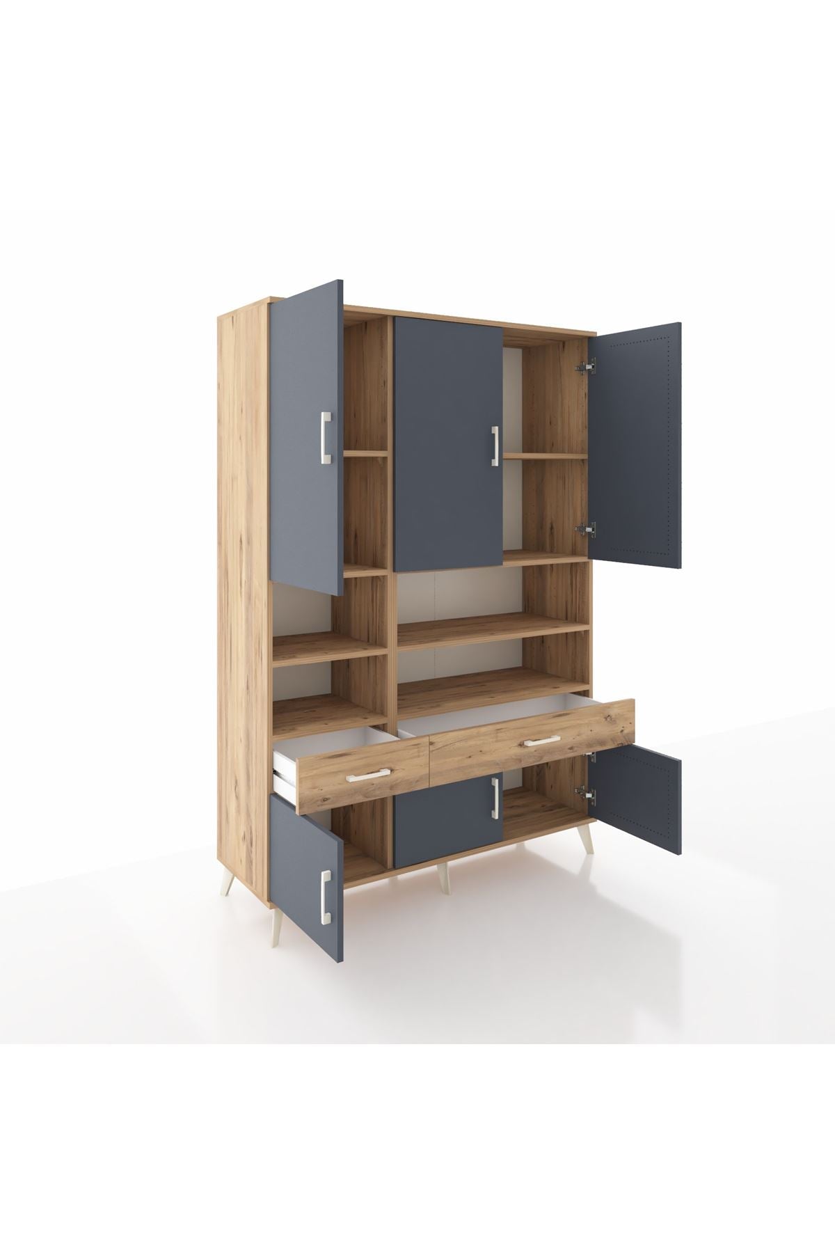 Hyperion Dolap 8 Raflı 2 Çekmeceli 6 Kapaklı 132x44x195 Çam-Antrasit/Çam