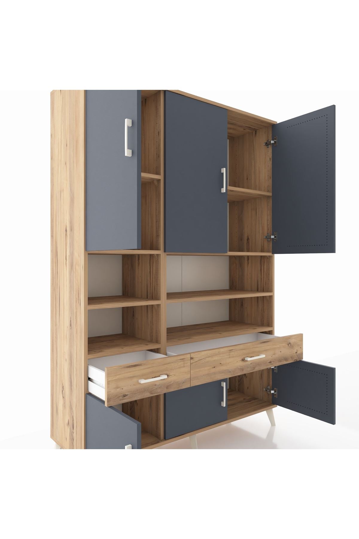 Hyperion Dolap 8 Raflı 2 Çekmeceli 6 Kapaklı 132x44x195 Çam-Antrasit/Çam