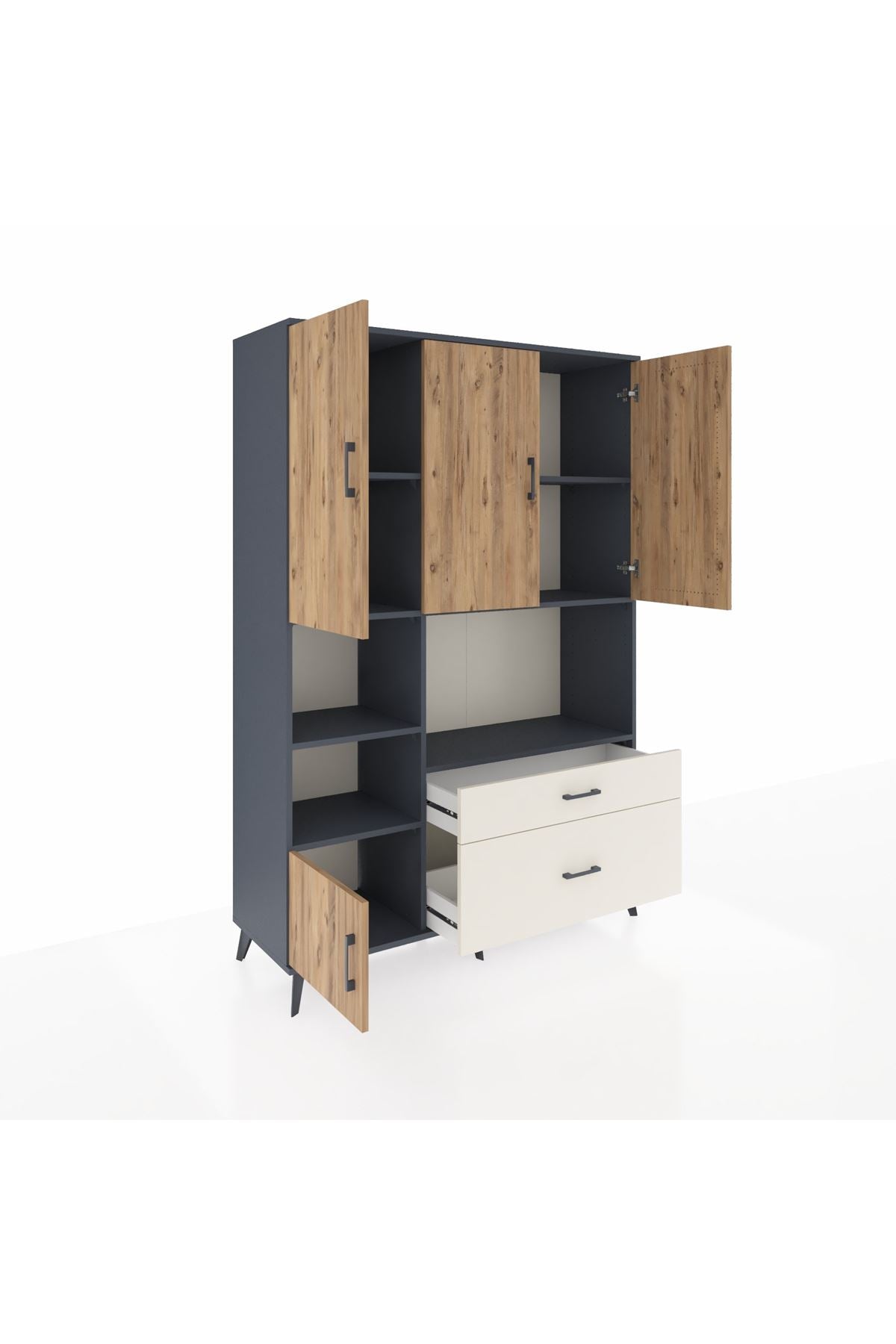 Hyperion Dolap 7 Raflı 2 Çekmeceli 5 Kapaklı 132x44x195 Antrasit-Çam/Aytaşı