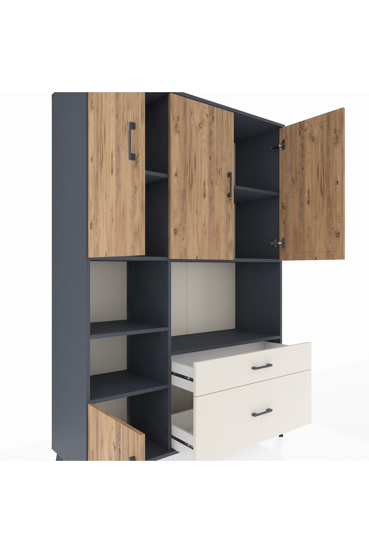 Hyperion Dolap 7 Raflı 2 Çekmeceli 5 Kapaklı 132x44x195 Antrasit-Çam/Aytaşı