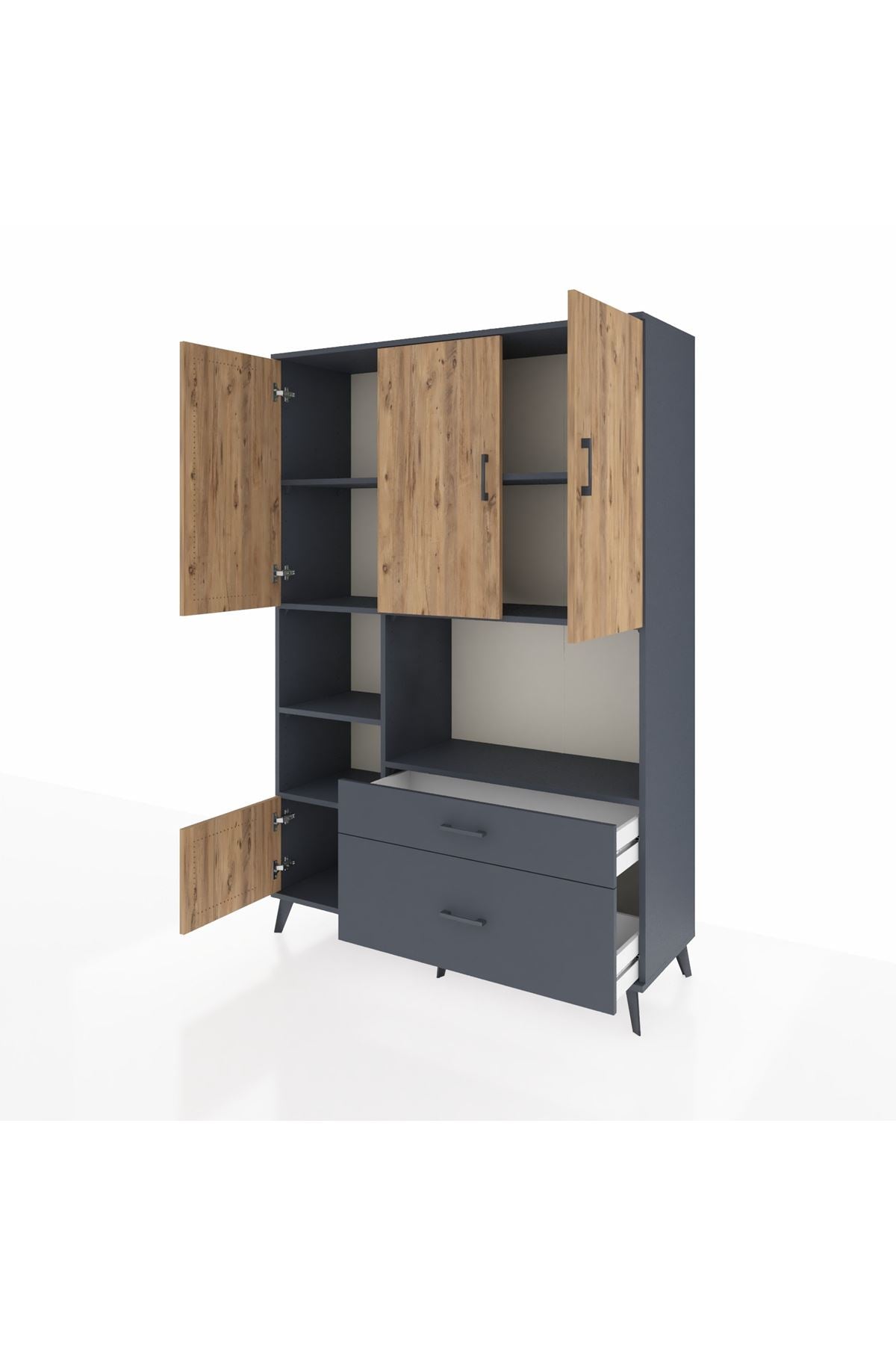 Hyperion Dolap 7 Raflı 2 Çekmeceli 5 Kapaklı 132x44x195 Antrasit-Çam/Antrasit