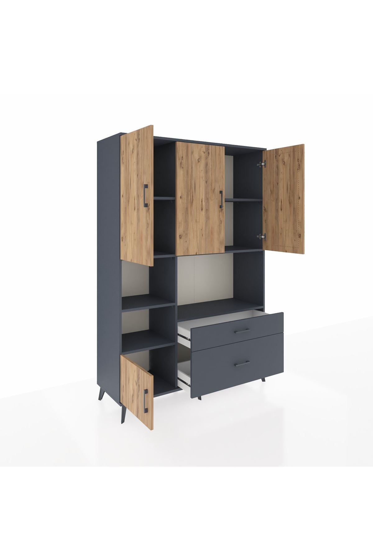 Hyperion Dolap 7 Raflı 2 Çekmeceli 5 Kapaklı 132x44x195 Antrasit-Çam/Antrasit