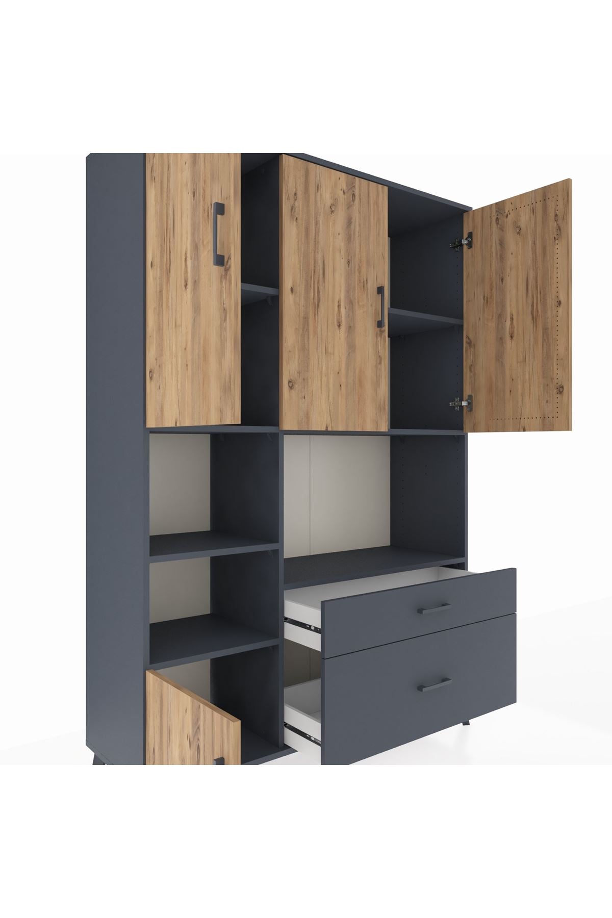 Hyperion Dolap 7 Raflı 2 Çekmeceli 5 Kapaklı 132x44x195 Antrasit-Çam/Antrasit