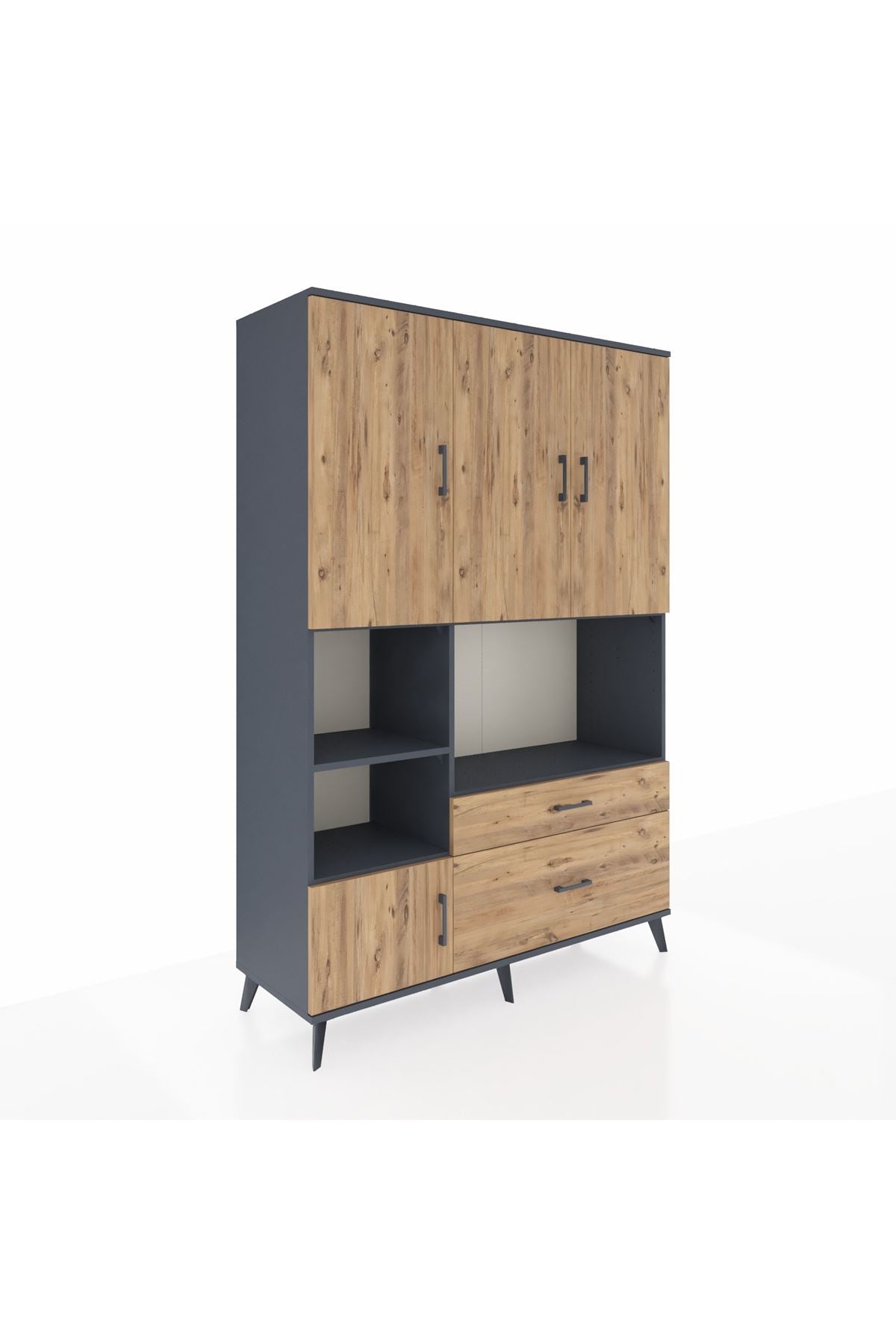 Hyperion Dolap 7 Raflı 2 Çekmeceli 5 Kapaklı 132x44x195 Antrasit-Çam/Çam