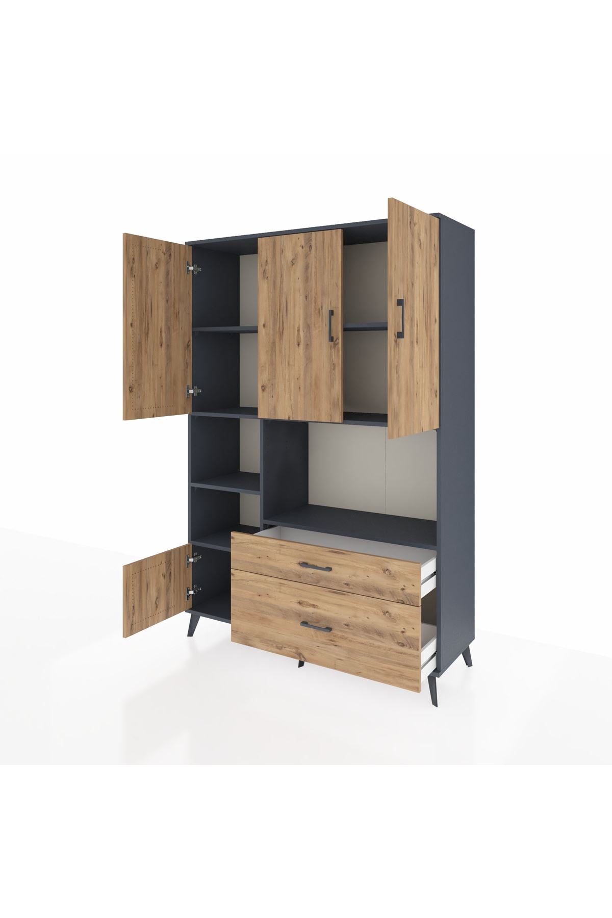 Hyperion Dolap 7 Raflı 2 Çekmeceli 5 Kapaklı 132x44x195 Antrasit-Çam/Çam