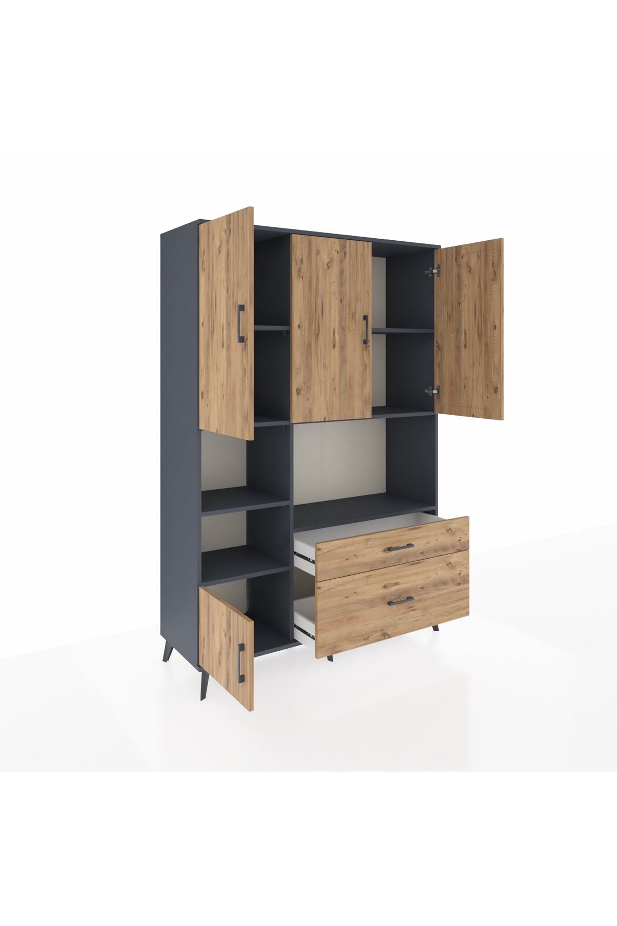 Hyperion Dolap 7 Raflı 2 Çekmeceli 5 Kapaklı 132x44x195 Antrasit-Çam/Çam