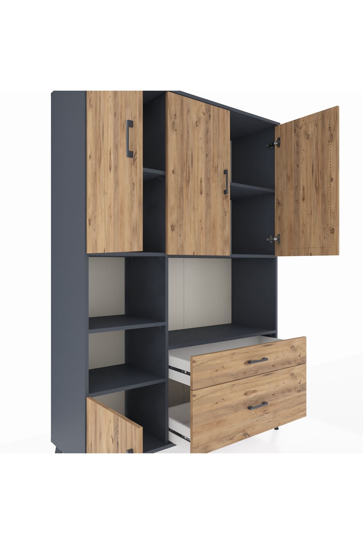Hyperion Dolap 7 Raflı 2 Çekmeceli 5 Kapaklı 132x44x195 Antrasit-Çam/Çam