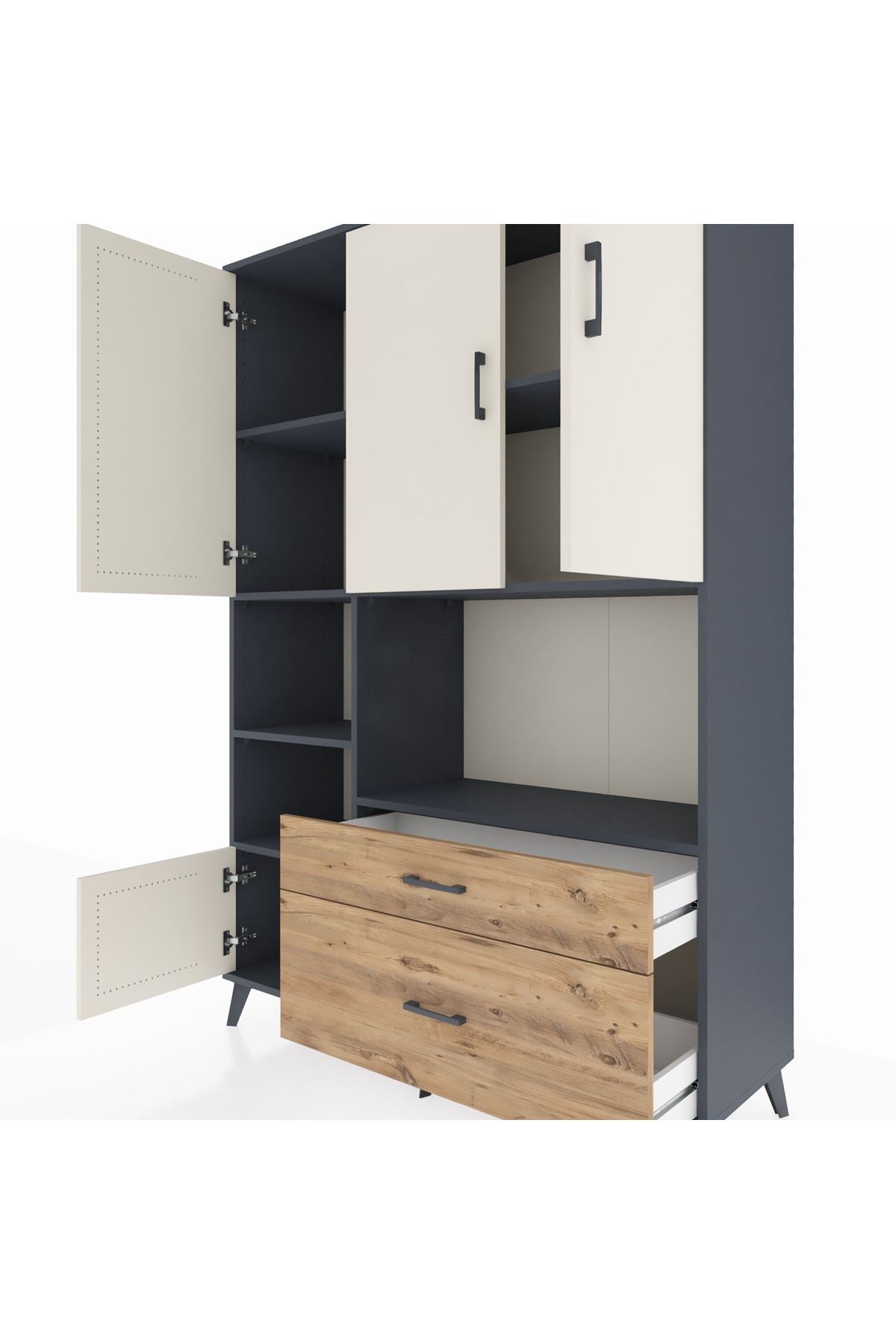 Hyperion Dolap 7 Raflı 2 Çekmeceli 5 Kapaklı 132x44x195 Antrasit-Aytaşı/Çam