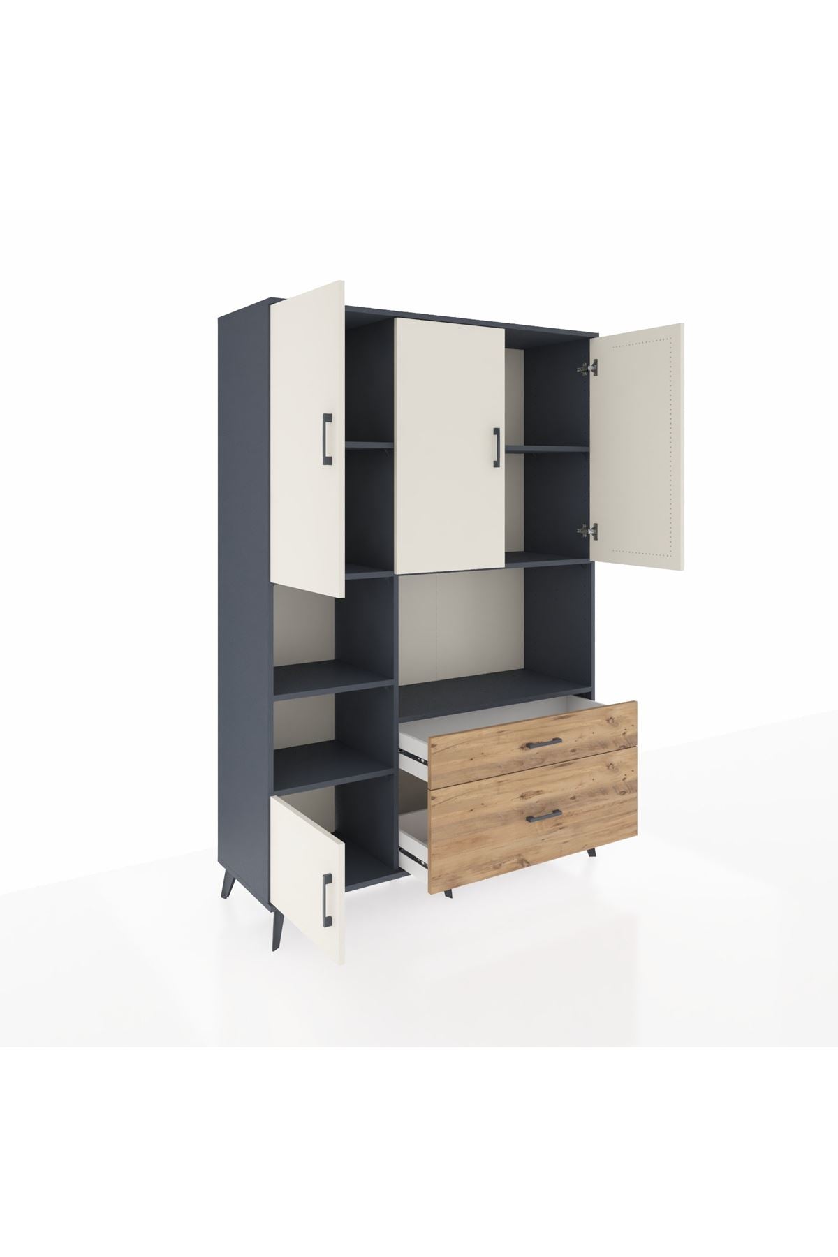 Hyperion Dolap 7 Raflı 2 Çekmeceli 5 Kapaklı 132x44x195 Antrasit-Aytaşı/Çam