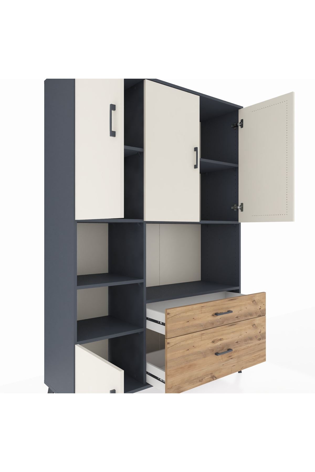 Hyperion Dolap 7 Raflı 2 Çekmeceli 5 Kapaklı 132x44x195 Antrasit-Aytaşı/Çam