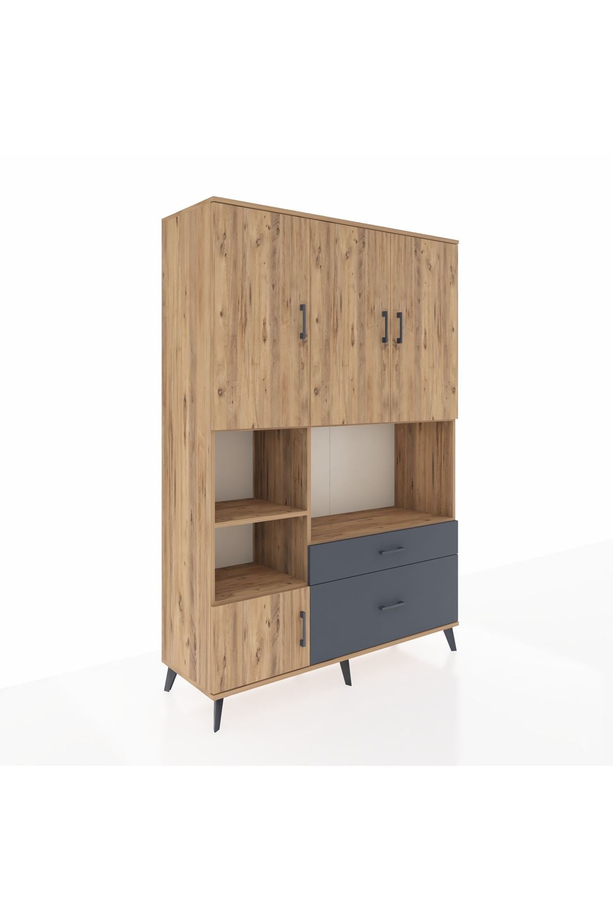 Hyperion Dolap 7 Raflı 2 Çekmeceli 5 Kapaklı 132x44x195 Çam-Çam/Antrasit