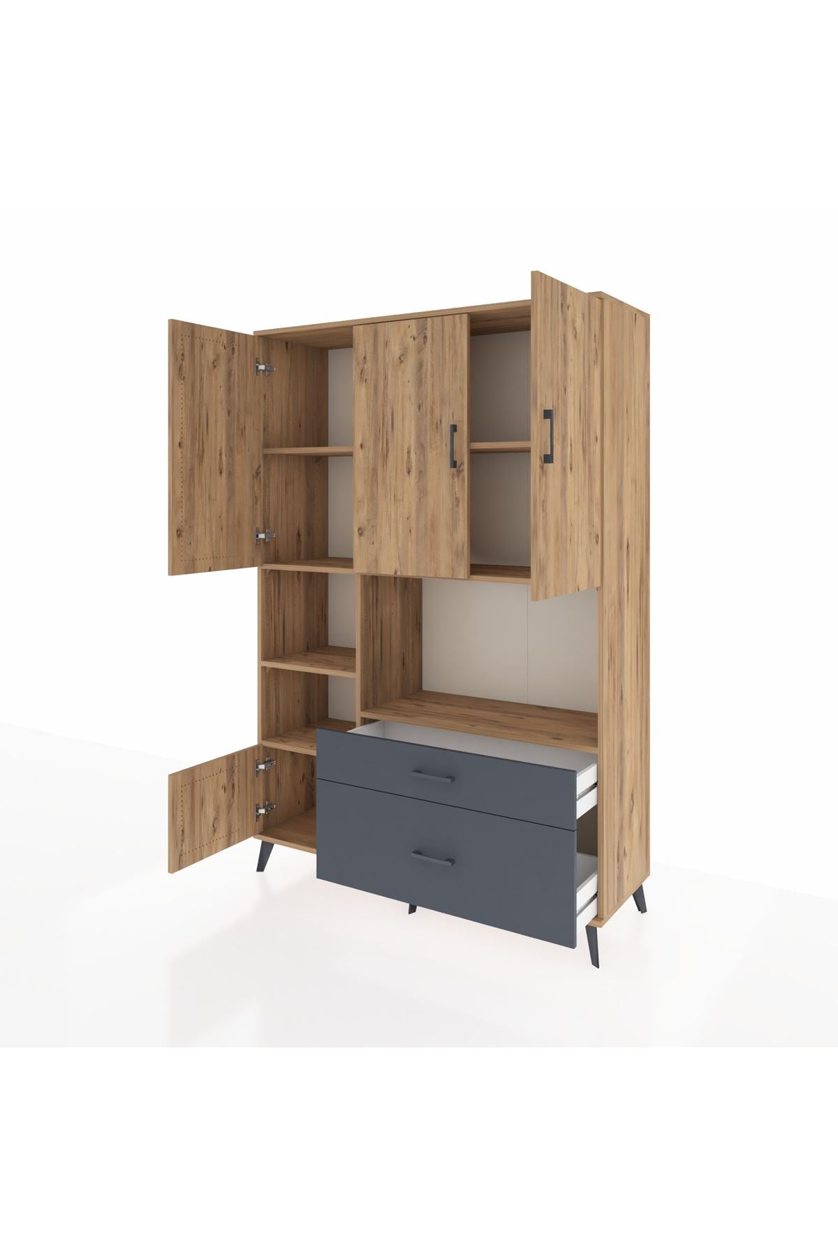 Hyperion Dolap 7 Raflı 2 Çekmeceli 5 Kapaklı 132x44x195 Çam-Çam/Antrasit