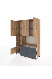 Hyperion Dolap 7 Raflı 2 Çekmeceli 5 Kapaklı 132x44x195 Çam-Çam/Antrasit