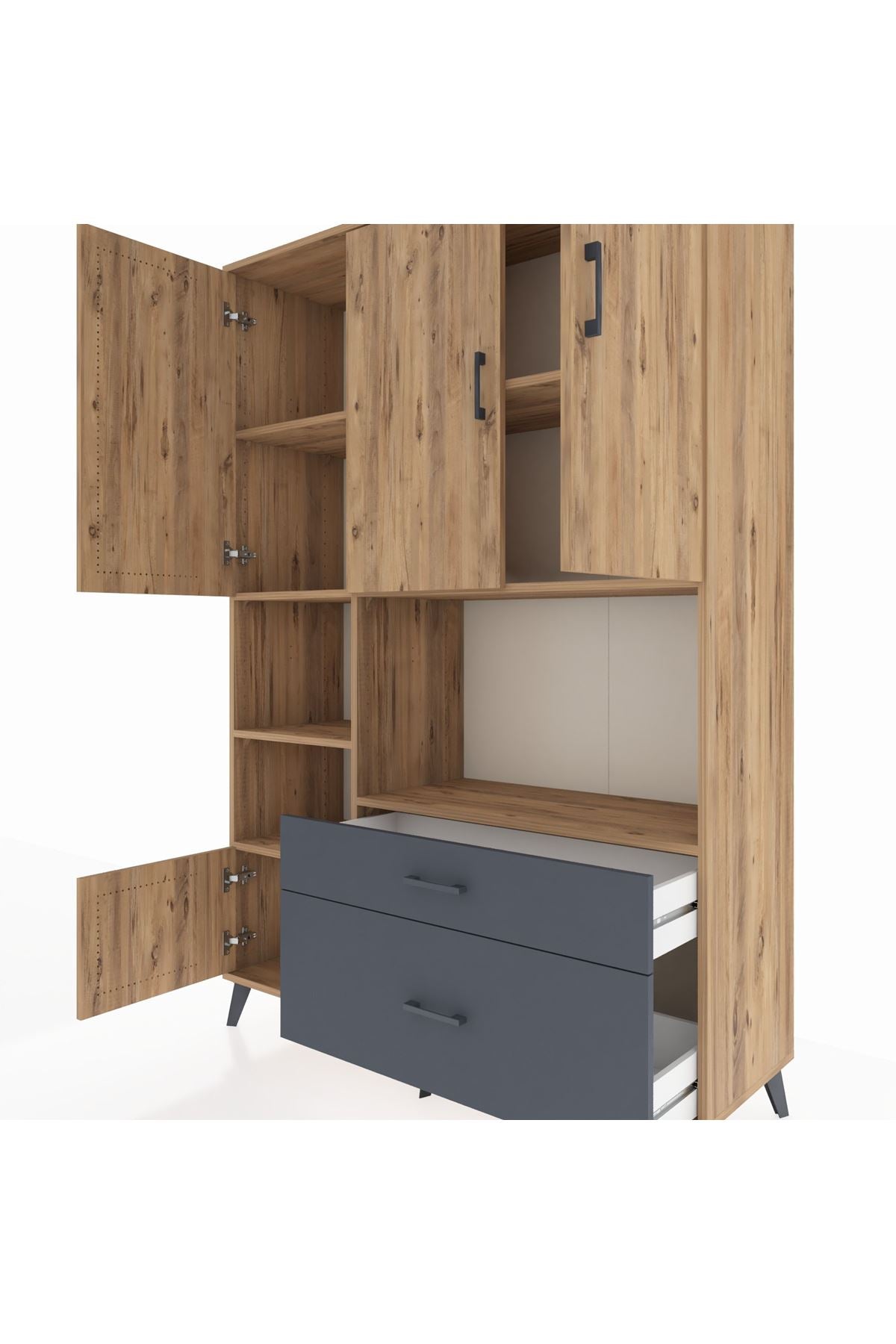 Hyperion Dolap 7 Raflı 2 Çekmeceli 5 Kapaklı 132x44x195 Çam-Çam/Antrasit