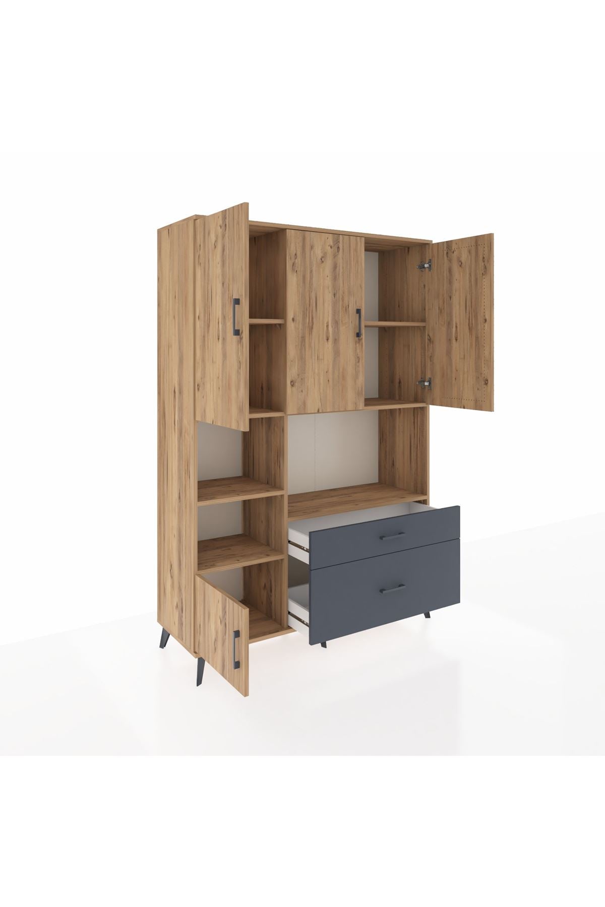 Hyperion Dolap 7 Raflı 2 Çekmeceli 5 Kapaklı 132x44x195 Çam-Çam/Antrasit