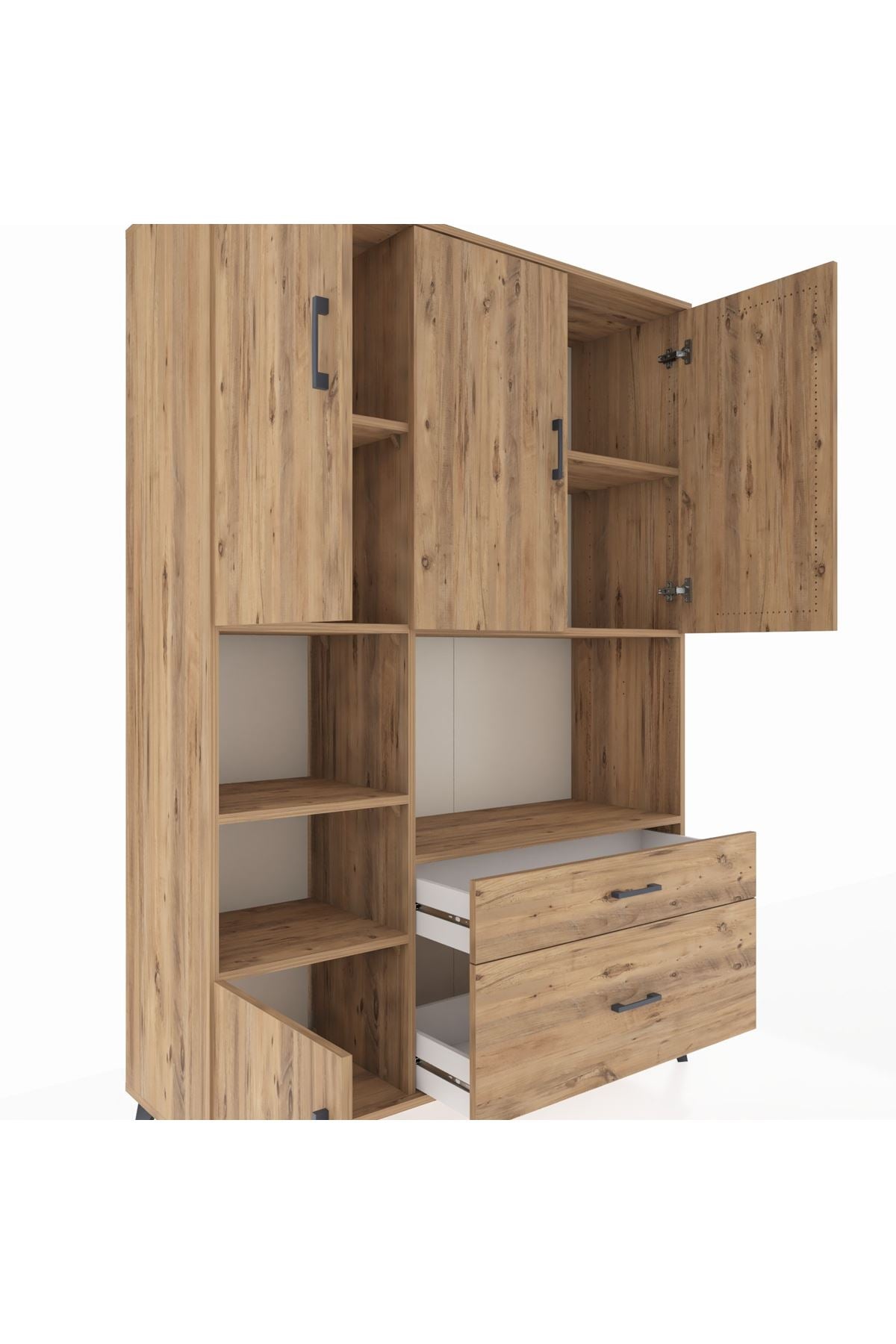 Hyperion Dolap 7 Raflı 2 Çekmeceli 5 Kapaklı 132x44x195 Çam-Çam/Çam