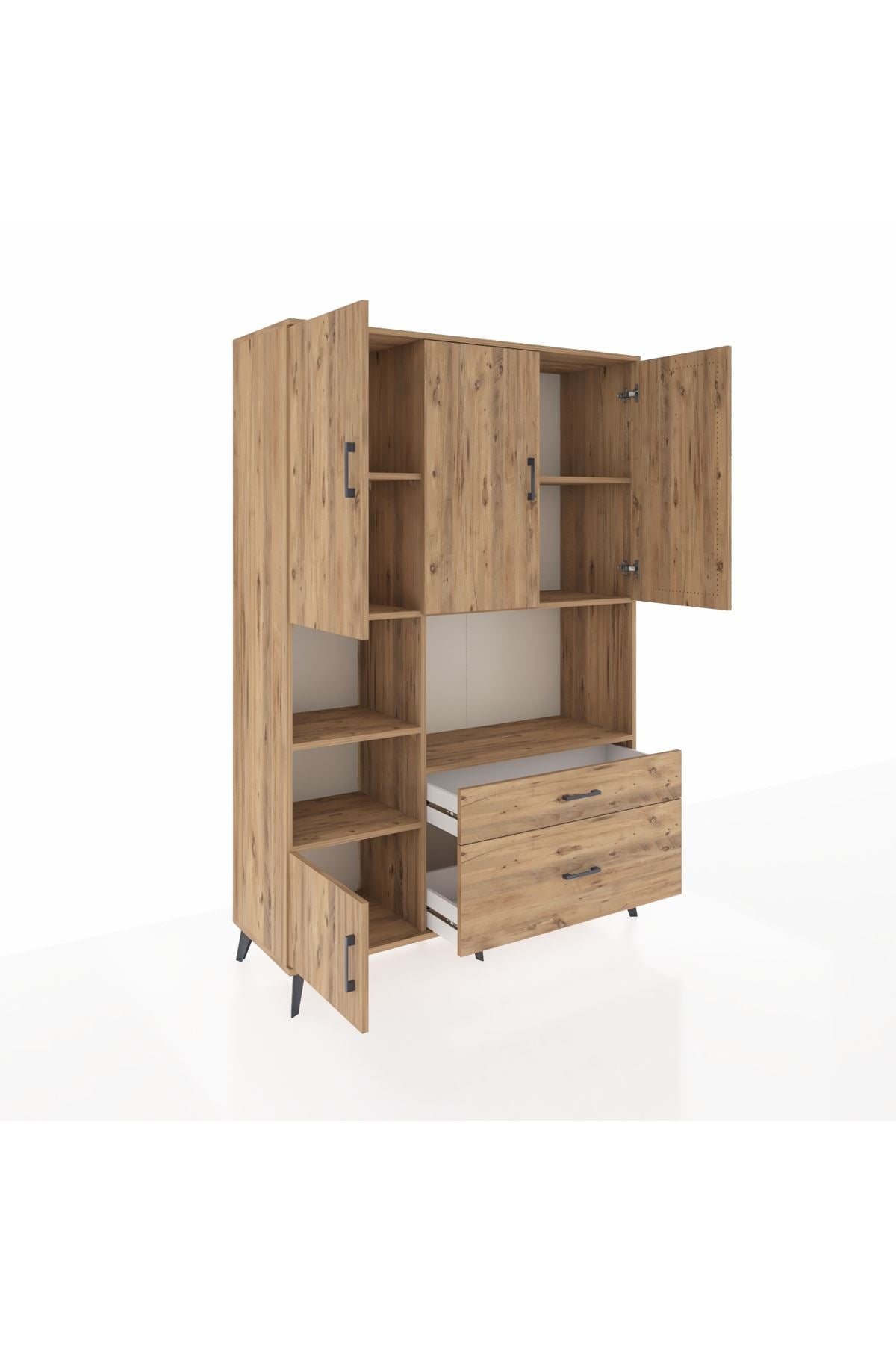 Hyperion Dolap 7 Raflı 2 Çekmeceli 5 Kapaklı 132x44x195 Çam-Çam/Çam