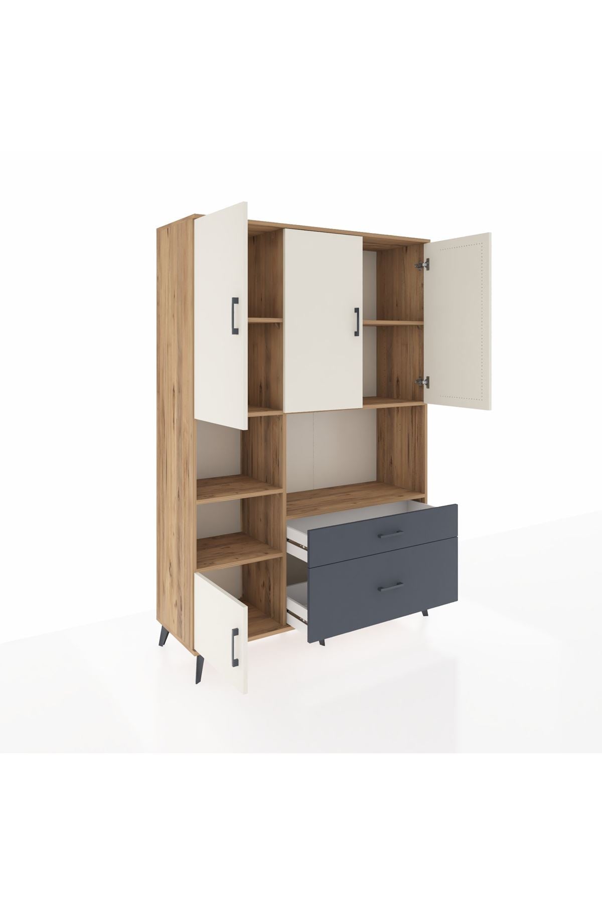 Hyperion Dolap 7 Raflı 2 Çekmeceli 5 Kapaklı 132x44x195 Çam-Aytaşı/Antrasit