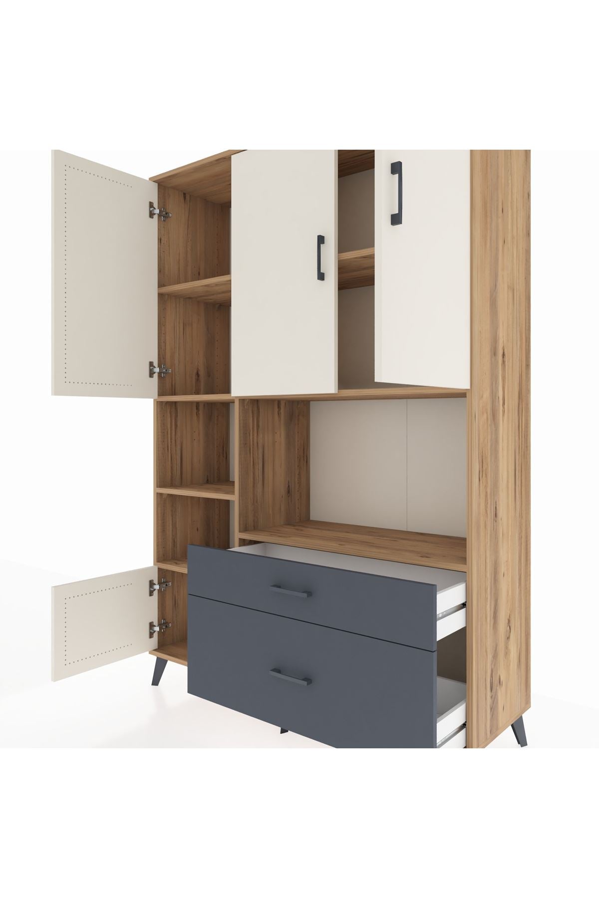 Hyperion Dolap 7 Raflı 2 Çekmeceli 5 Kapaklı 132x44x195 Çam-Aytaşı/Antrasit