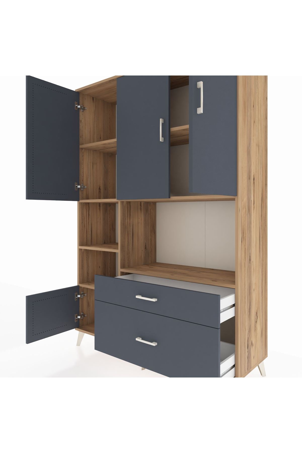 Hyperion Dolap 7 Raflı 2 Çekmeceli 5 Kapaklı 132x44x195 Çam-Antrasit/Antrasit