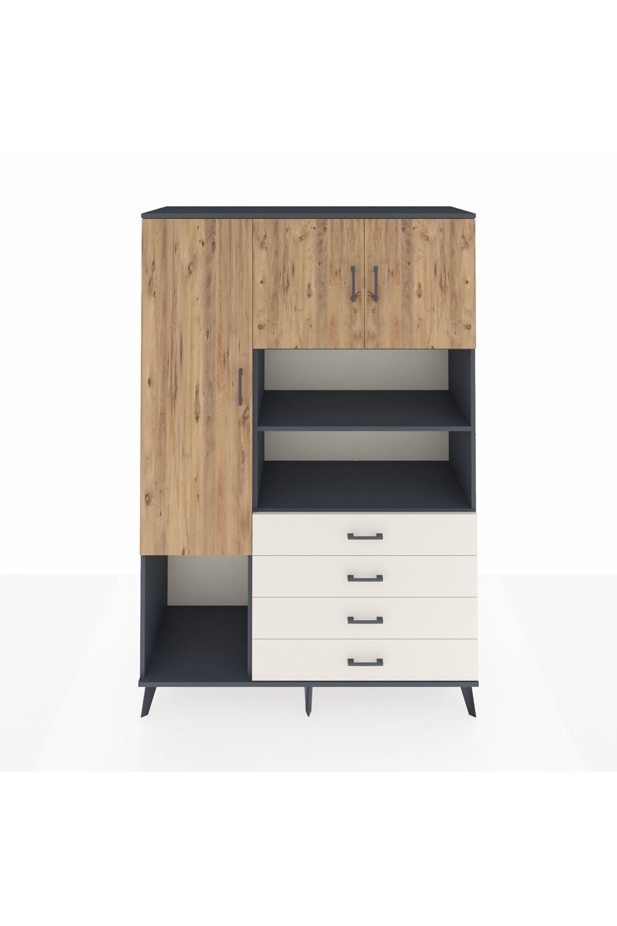 Hyperion Dolap 7 Raflı 4 Çekmeceli 3 Kapaklı 132x44x195 Antrasit-Çam/Aytaşı