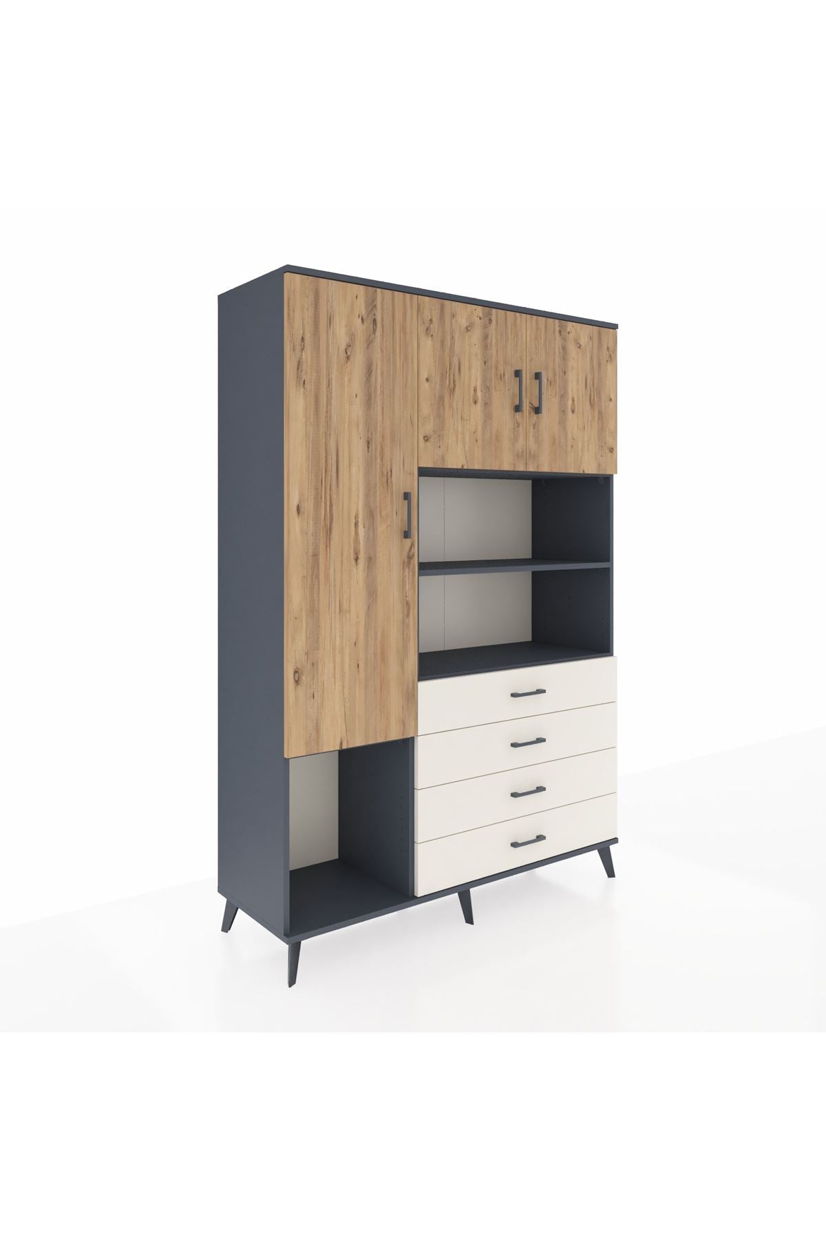 Hyperion Dolap 7 Raflı 4 Çekmeceli 3 Kapaklı 132x44x195 Antrasit-Çam/Aytaşı