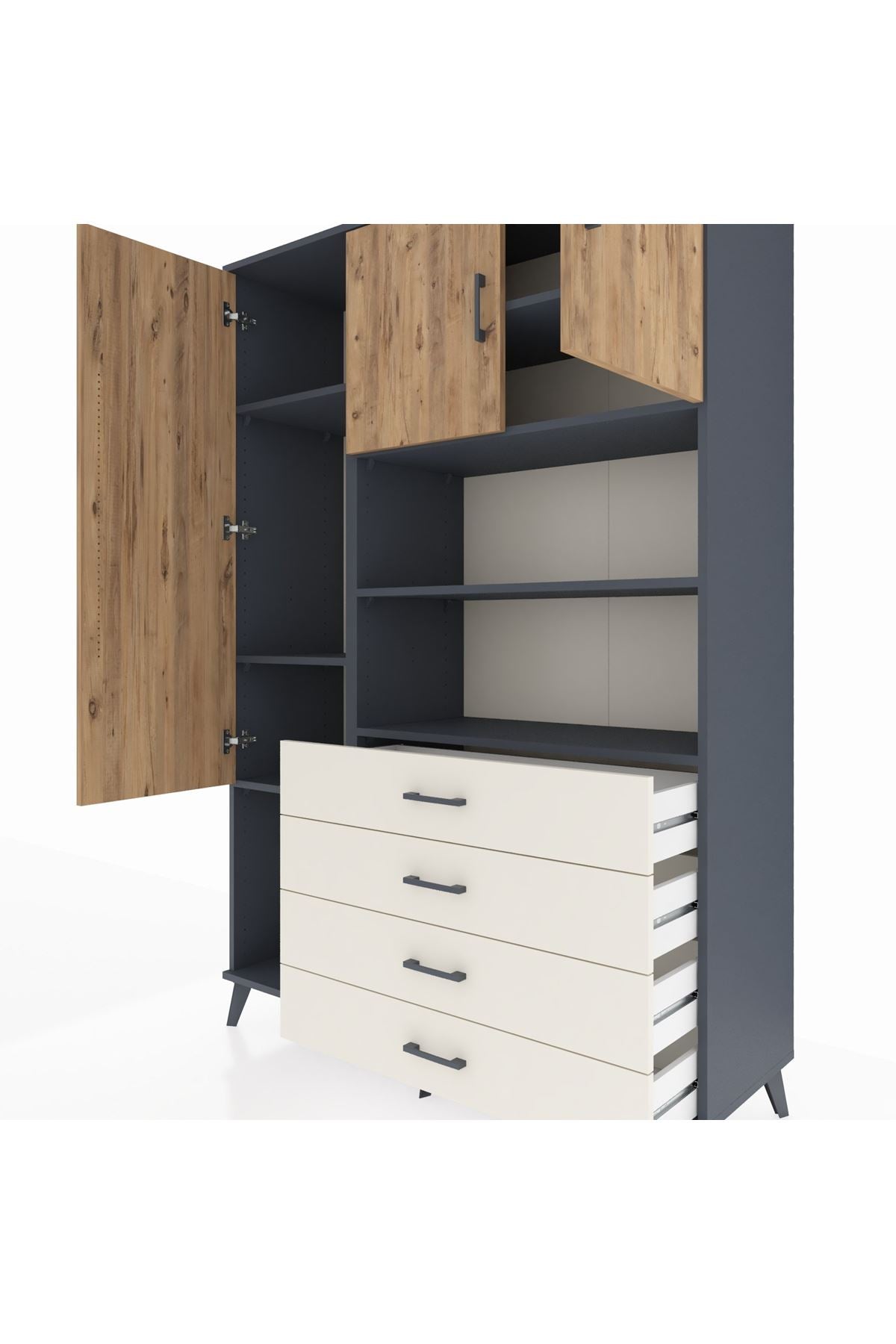 Hyperion Dolap 7 Raflı 4 Çekmeceli 3 Kapaklı 132x44x195 Antrasit-Çam/Aytaşı
