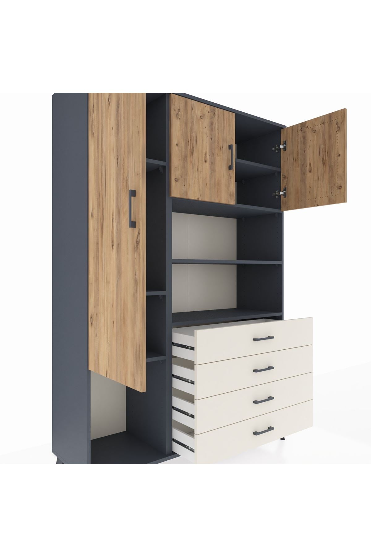 Hyperion Dolap 7 Raflı 4 Çekmeceli 3 Kapaklı 132x44x195 Antrasit-Çam/Aytaşı