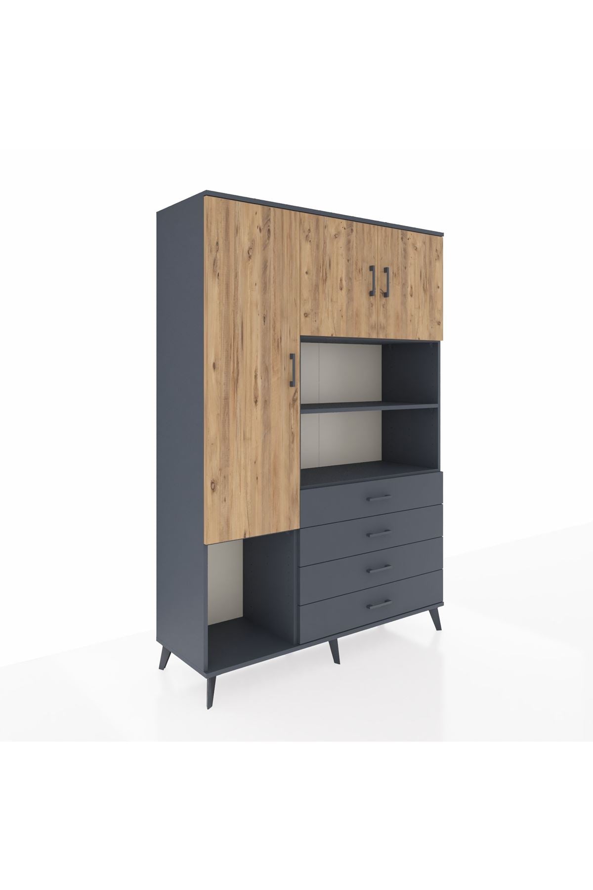 Hyperion Dolap 7 Raflı 4 Çekmeceli 3 Kapaklı 132x44x195 Antrasit-Çam/Antrasit