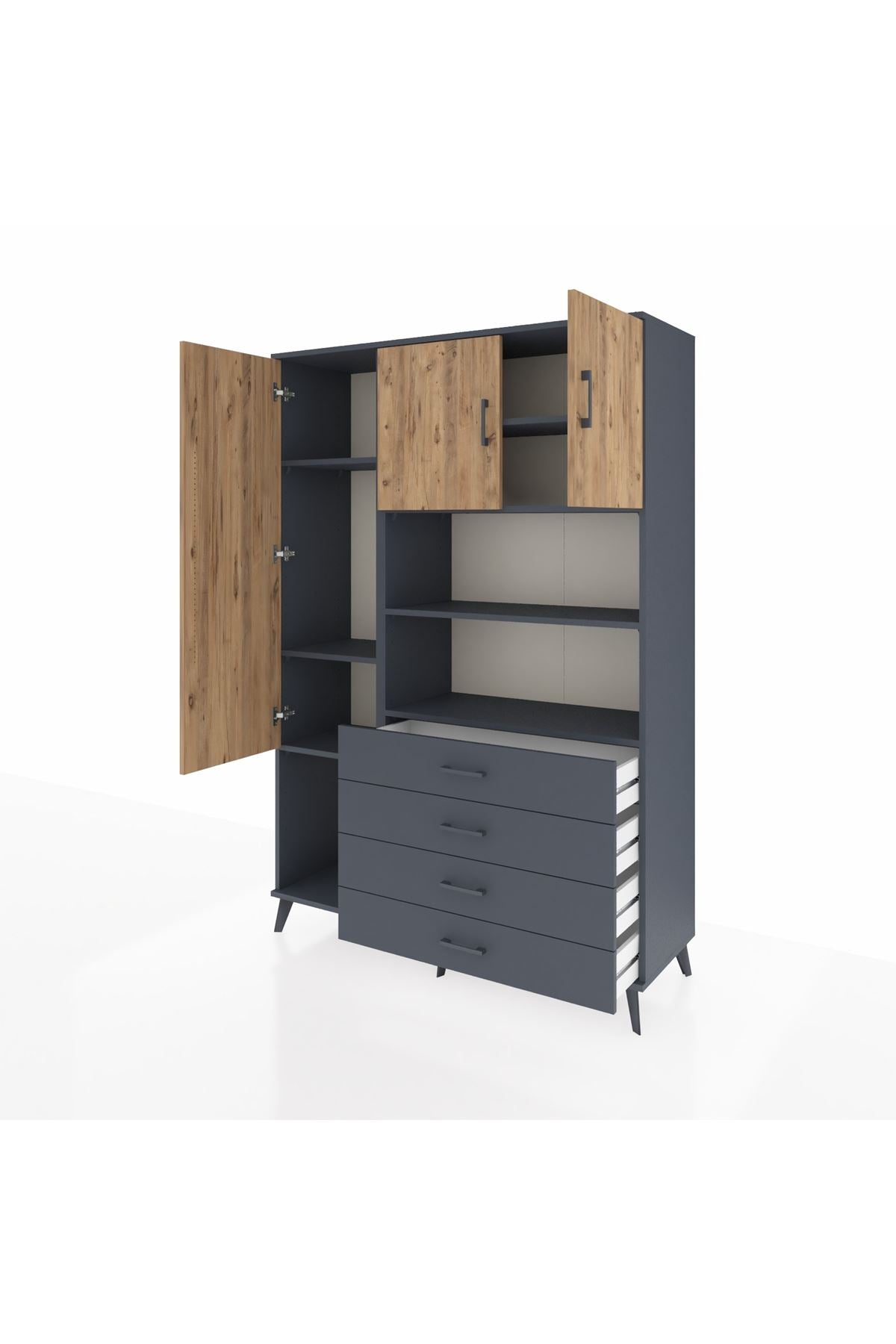 Hyperion Dolap 7 Raflı 4 Çekmeceli 3 Kapaklı 132x44x195 Antrasit-Çam/Antrasit