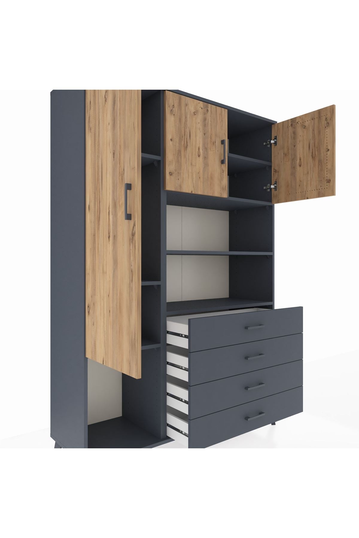 Hyperion Dolap 7 Raflı 4 Çekmeceli 3 Kapaklı 132x44x195 Antrasit-Çam/Antrasit