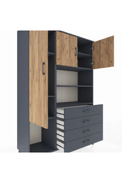Hyperion Dolap 7 Raflı 4 Çekmeceli 3 Kapaklı 132x44x195 Antrasit-Çam/Antrasit