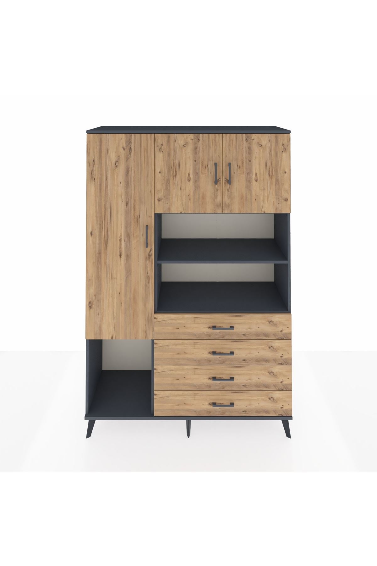 Hyperion Dolap 7 Raflı 4 Çekmeceli 3 Kapaklı 132x44x195 Antrasit-Çam/Çam