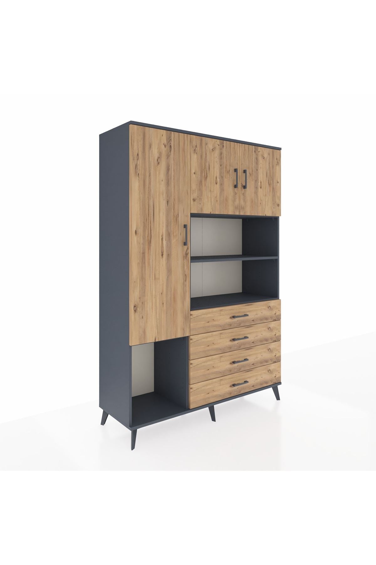 Hyperion Dolap 7 Raflı 4 Çekmeceli 3 Kapaklı 132x44x195 Antrasit-Çam/Çam