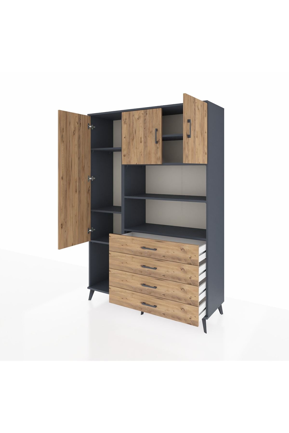 Hyperion Dolap 7 Raflı 4 Çekmeceli 3 Kapaklı 132x44x195 Antrasit-Çam/Çam