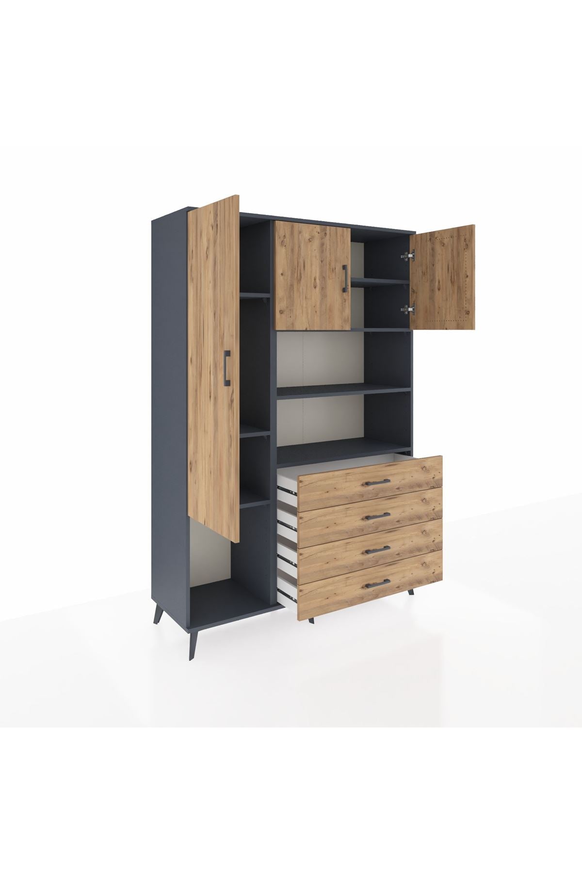 Hyperion Dolap 7 Raflı 4 Çekmeceli 3 Kapaklı 132x44x195 Antrasit-Çam/Çam