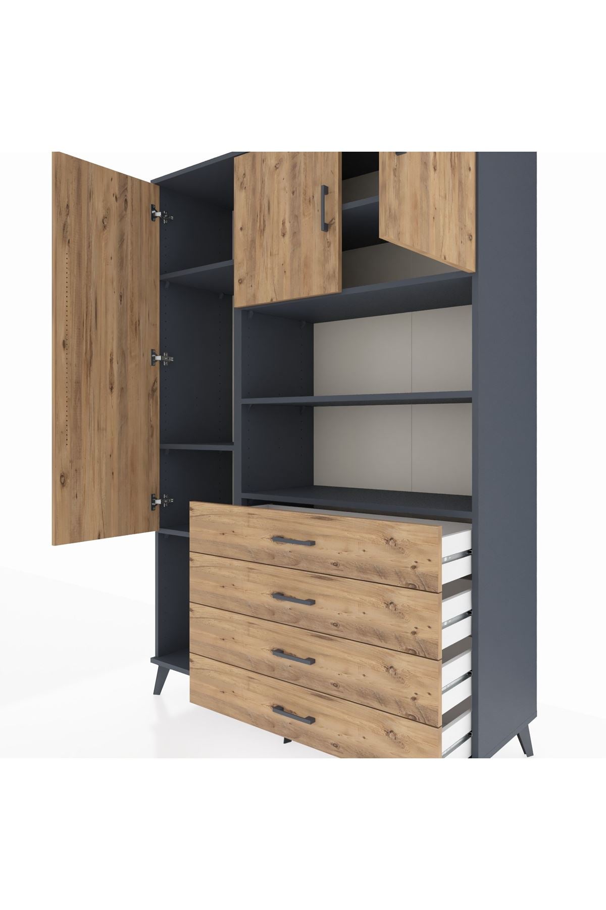 Hyperion Dolap 7 Raflı 4 Çekmeceli 3 Kapaklı 132x44x195 Antrasit-Çam/Çam