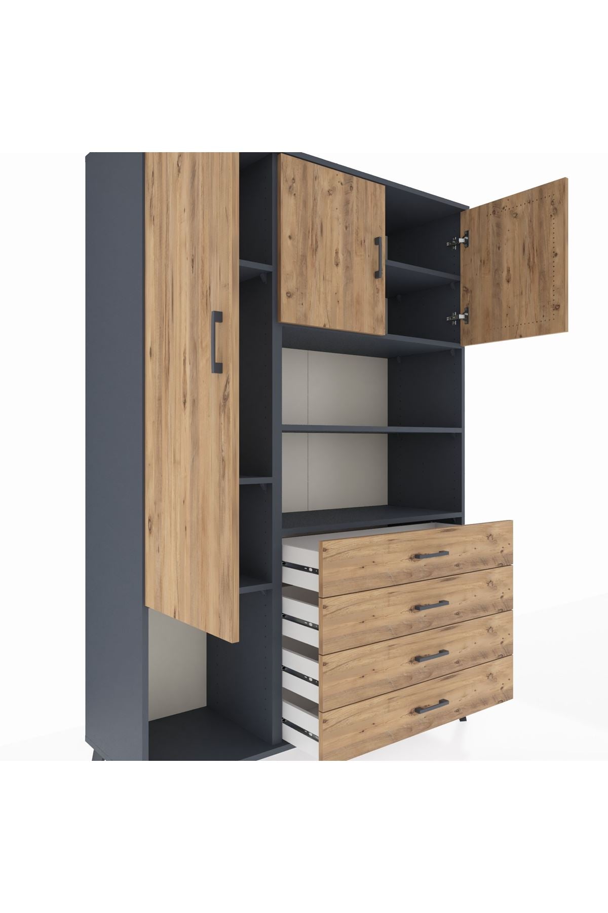 Hyperion Dolap 7 Raflı 4 Çekmeceli 3 Kapaklı 132x44x195 Antrasit-Çam/Çam