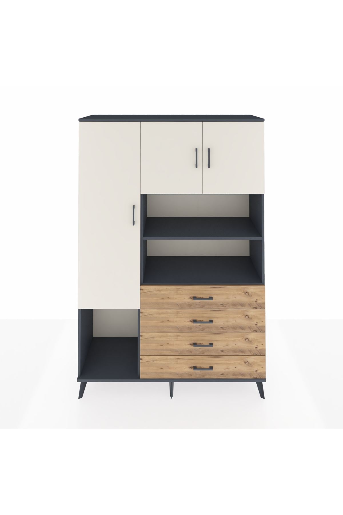 Hyperion Dolap 7 Raflı 4 Çekmeceli 3 Kapaklı 132x44x195 Antrasit-Aytaşı/Çam