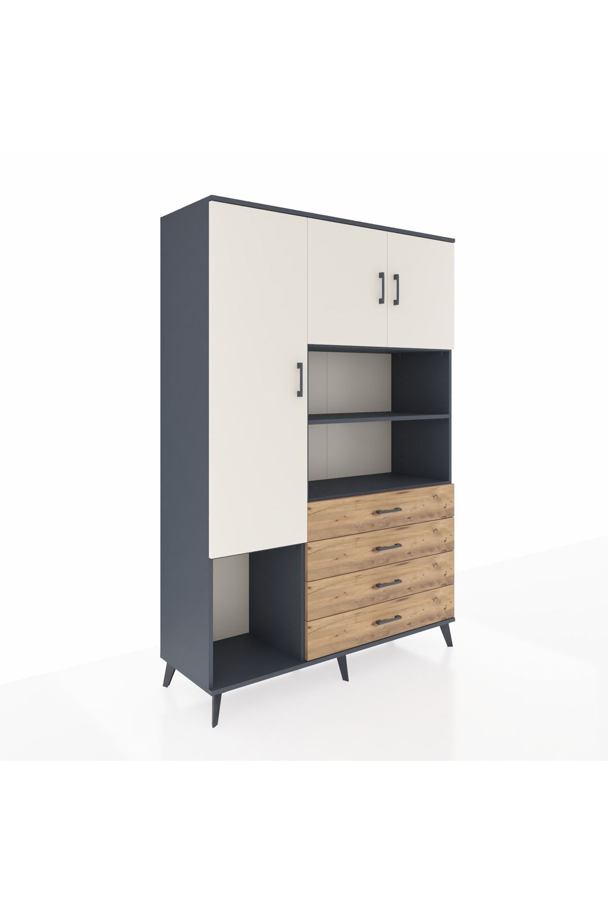 Hyperion Dolap 7 Raflı 4 Çekmeceli 3 Kapaklı 132x44x195 Antrasit-Aytaşı/Çam