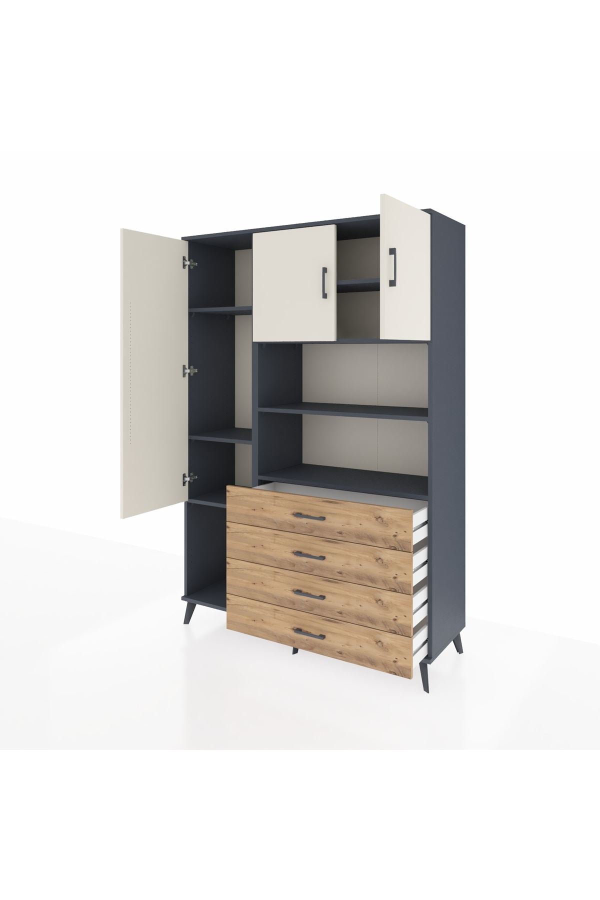 Hyperion Dolap 7 Raflı 4 Çekmeceli 3 Kapaklı 132x44x195 Antrasit-Aytaşı/Çam